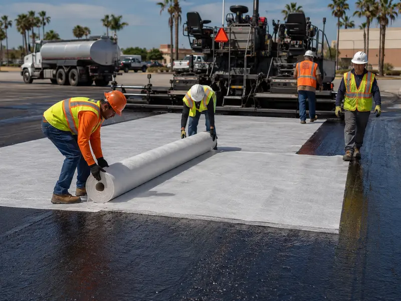 Petromat paving fabric being installed beneath an asphalt overlay