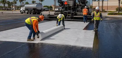 Petromat paving fabric being installed beneath an asphalt overlay